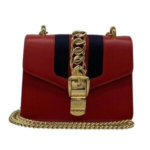 Auth GUCCI Sylvie Mini Red Navy Leather Shoulder Bag